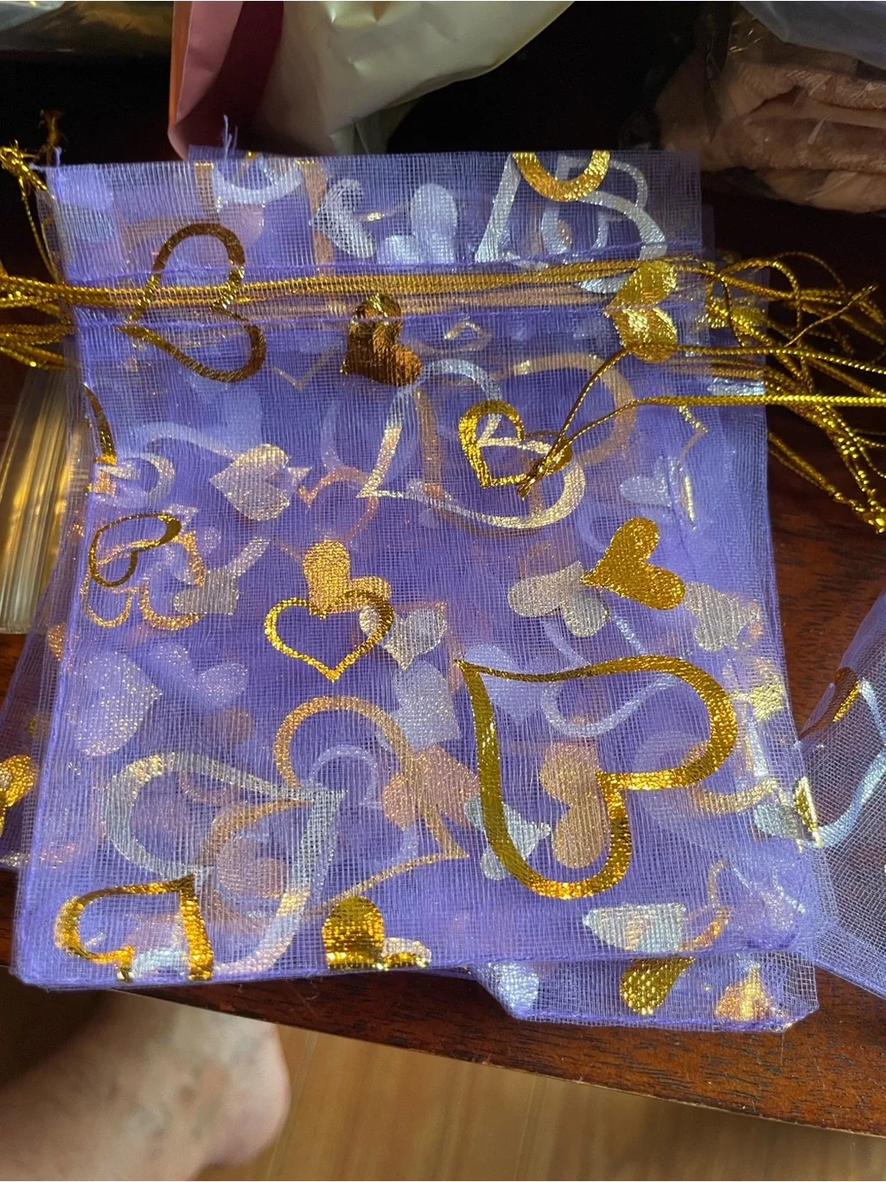 Purple Organza Favor Bags with Gold Heart Print - Party Supplies